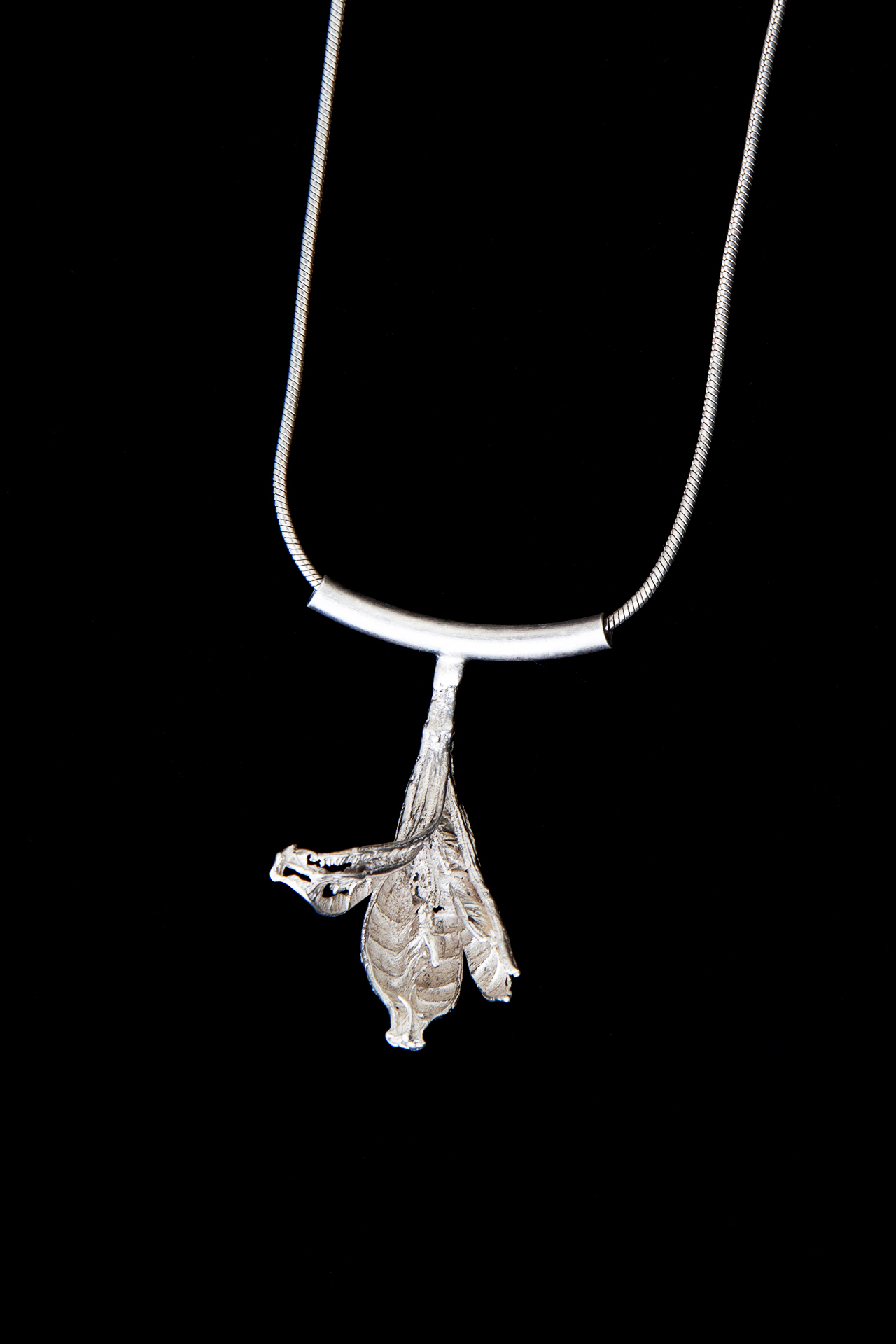 Pendant of an iris seed pod cast in sterling silver, on a snake chain